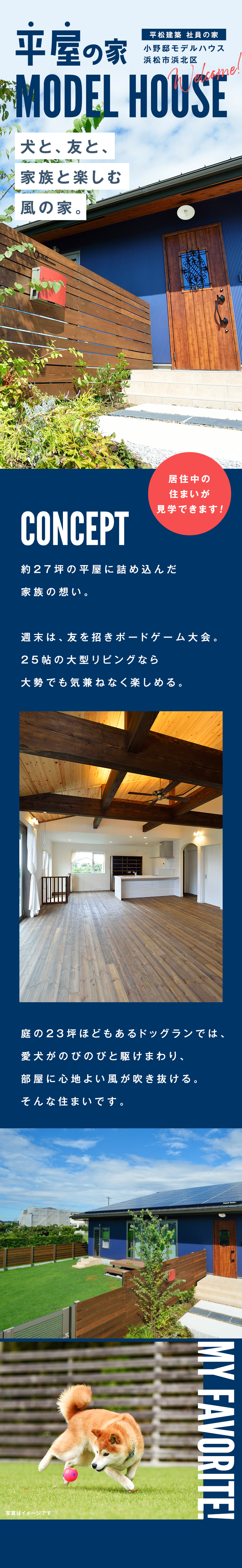 平松建築社員の小野邸を用いた平屋モデルハウス。犬と、共と家族と楽しむ風の家。